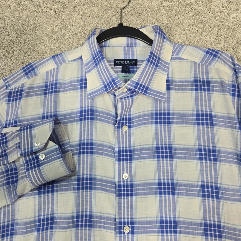 Peter Millar Crown Crafted Long Sleeve Shirt Men's XL Flex Finish Blue Plaid